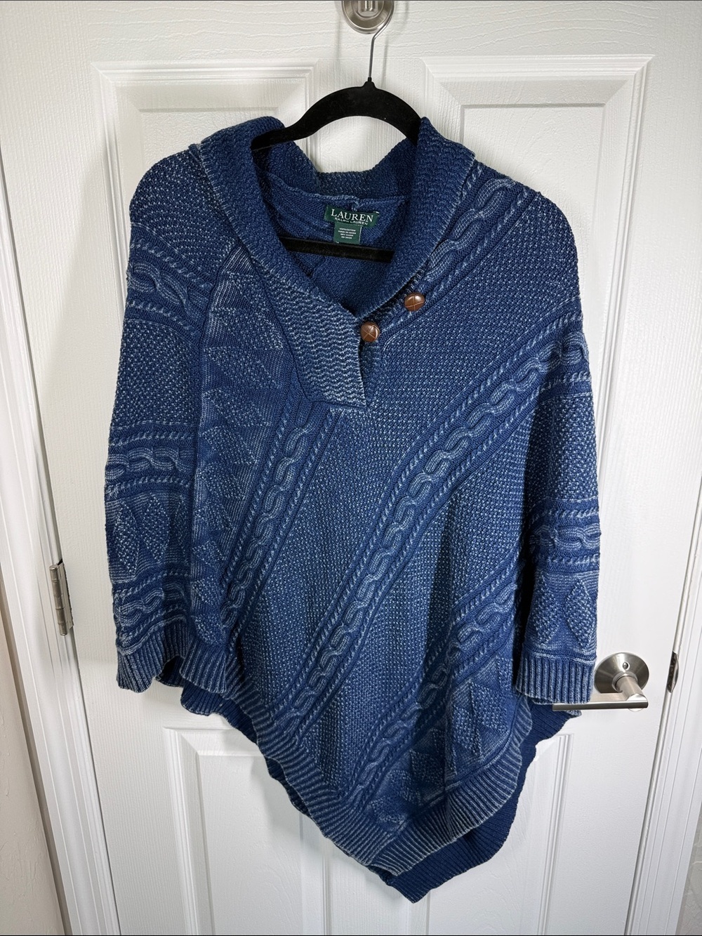 Lauren Ralph Lauren blue knit poncho with leather buttons cable knit cotton